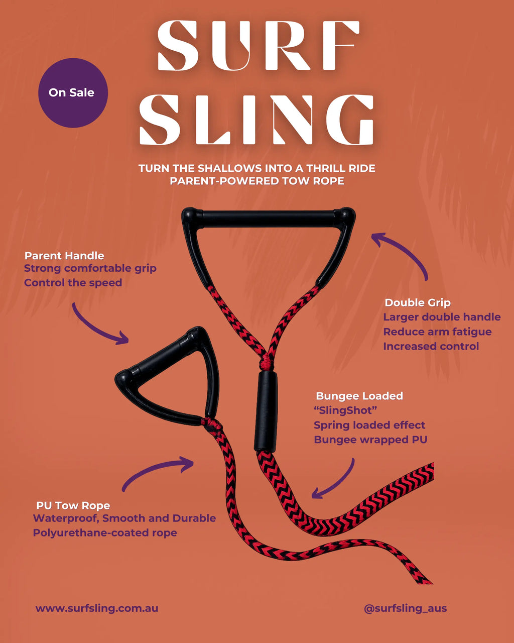 Surf Sling - Beach Tow Rope for Kids & Bodyboard Fun Surf Sling