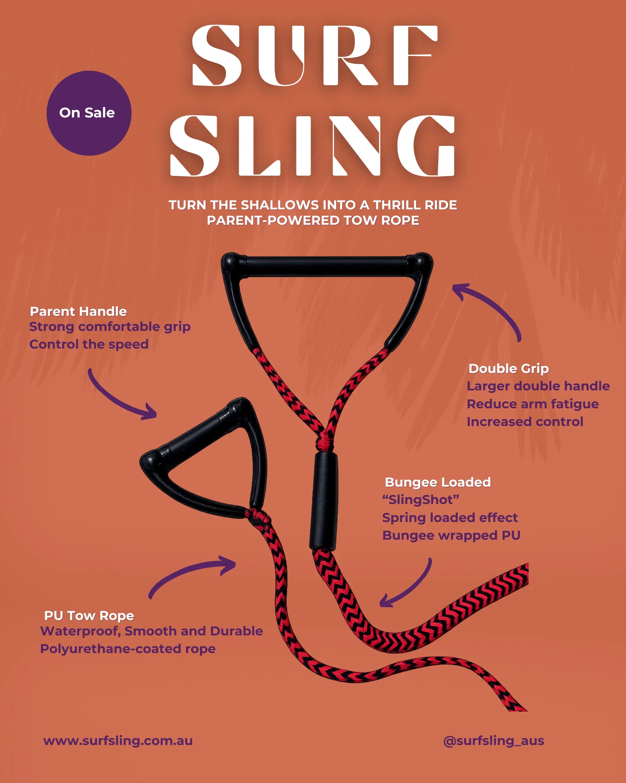 Surf Sling - Beach Tow Rope for Kids & Bodyboard Fun Surf Sling